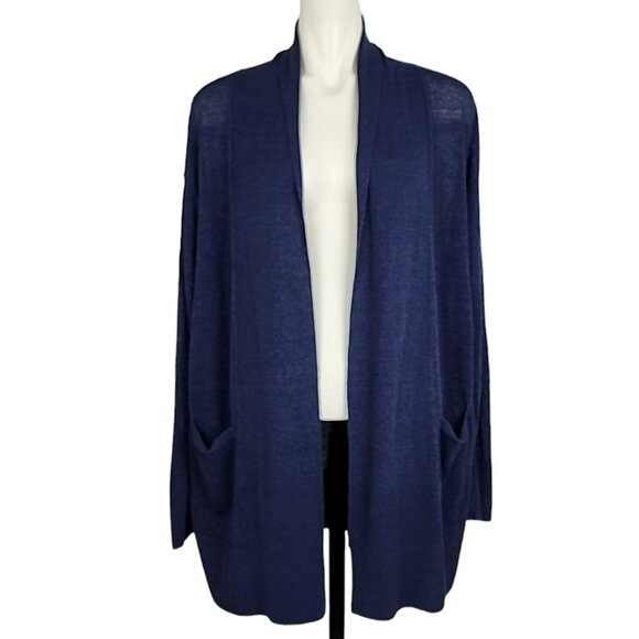 Hudson North Women's Knit Linen Blend Navy Long Open Front Cardigan Pockets Sz M - Picture 1 of 9